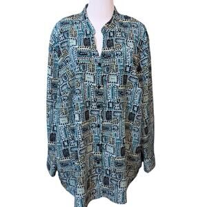 VINTAGE MAGGIE BARNES Blouse Top Long Size 3X No Wrinkle Satin‎ Poly Geometric